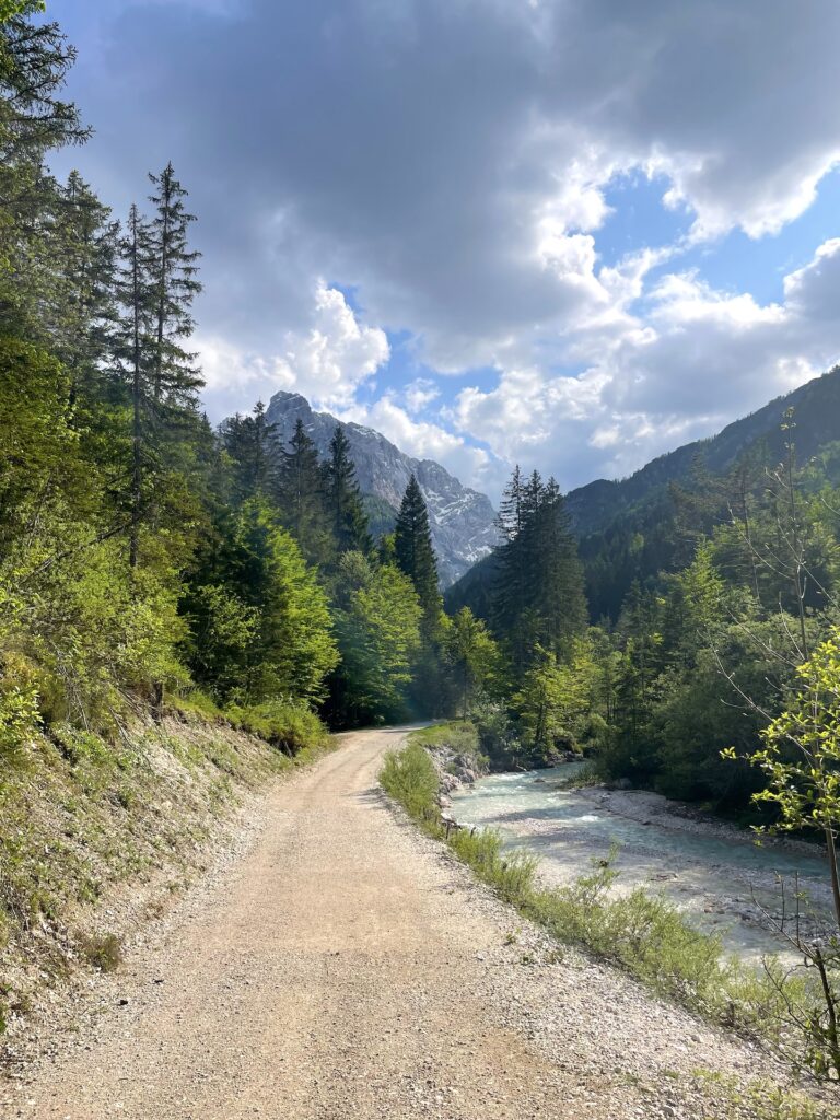 Гравийная дорога вдоль горной реки в окружении Юлийских альп в Словении